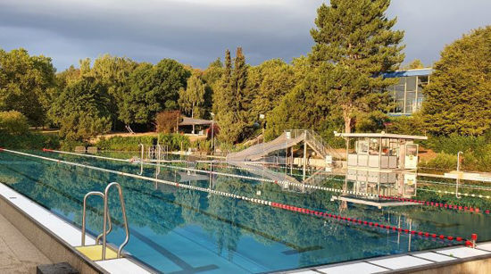 Schwimmbecken mit Wald im Hintergrund